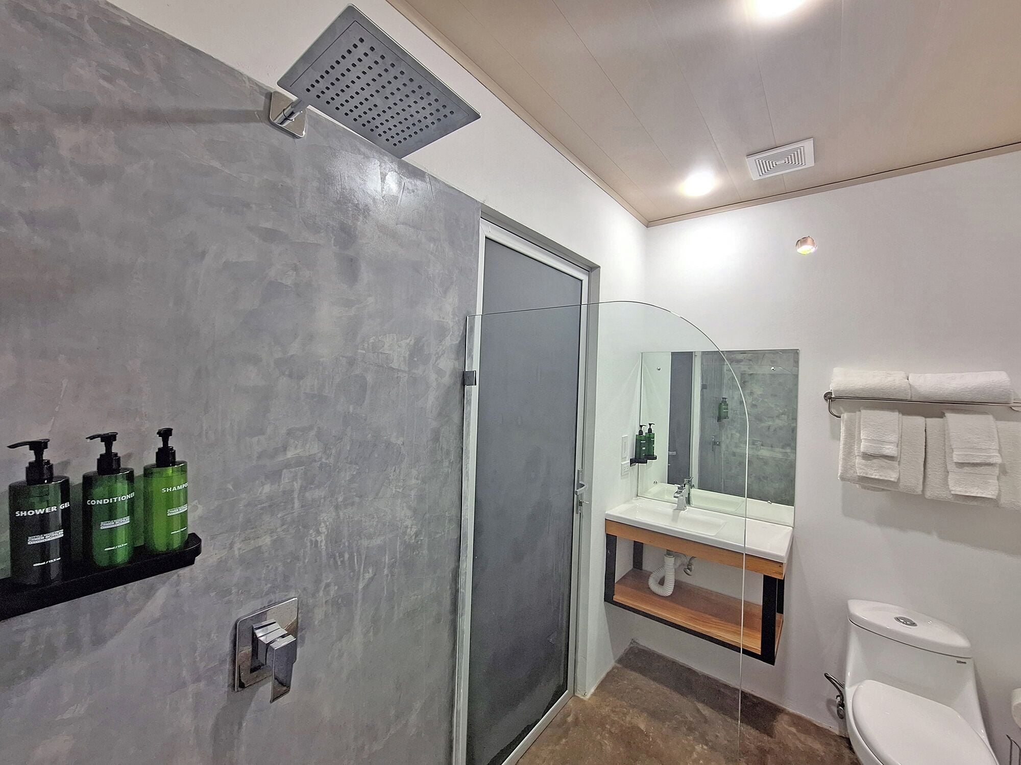 Un baño moderno con cabina de ducha de vidrio, un lavabo blanco y un inodoro. Hay botellas verdes de champú y acondicionador en una repisa.