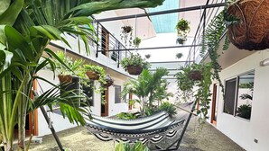 Un patio con macetas colgantes, una hamaca y abundante follaje.