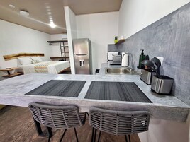 Fridge, microwave, stovetop, cookware/dishes/utensils