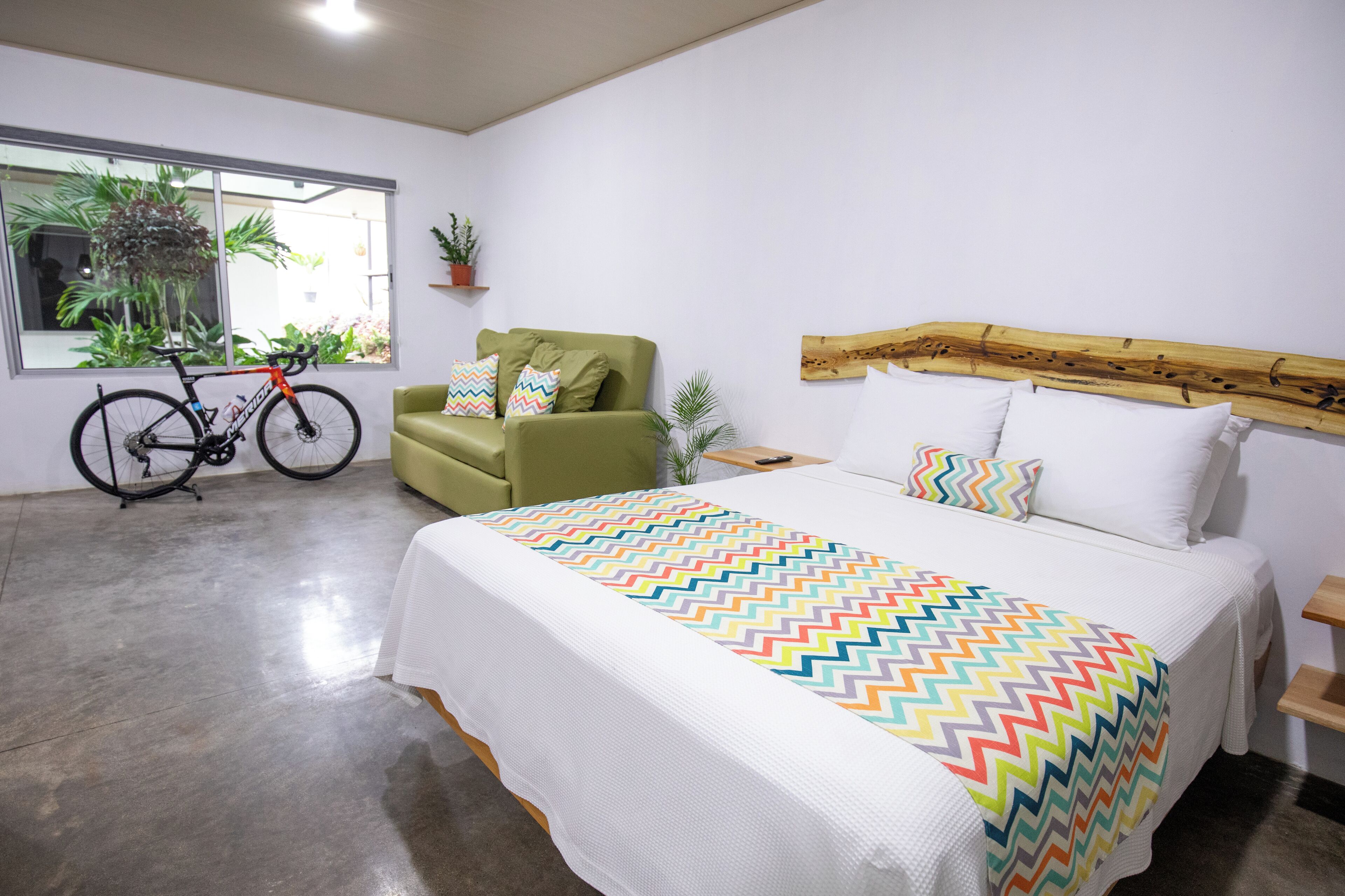 Une chambre à coucher avec un lit, un fauteuil vert, un vélo et une fenêtre ornée de plantes.