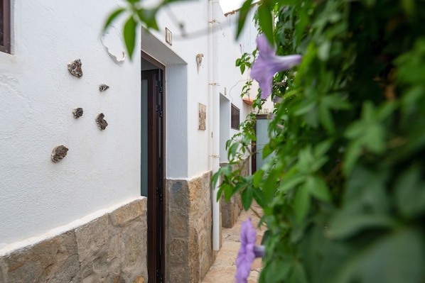 A narrow alleyway with white walls, stone bases, and a door.