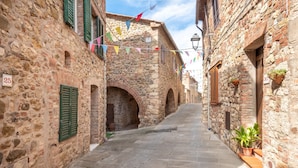 A narrow stone street with arched doorways, a tiled pavement, and hanging flags. - Apartment 'Sotto Gli Archi' with Mountain View (Civitella Paganico)