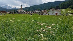 Un pueblo rural con una iglesia, casas y un campo cubierto de césped.