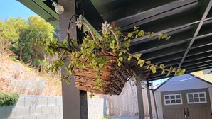 A hanging planter with green foliage and white flowers, attached to a dark-colored structure with a sloped roof.