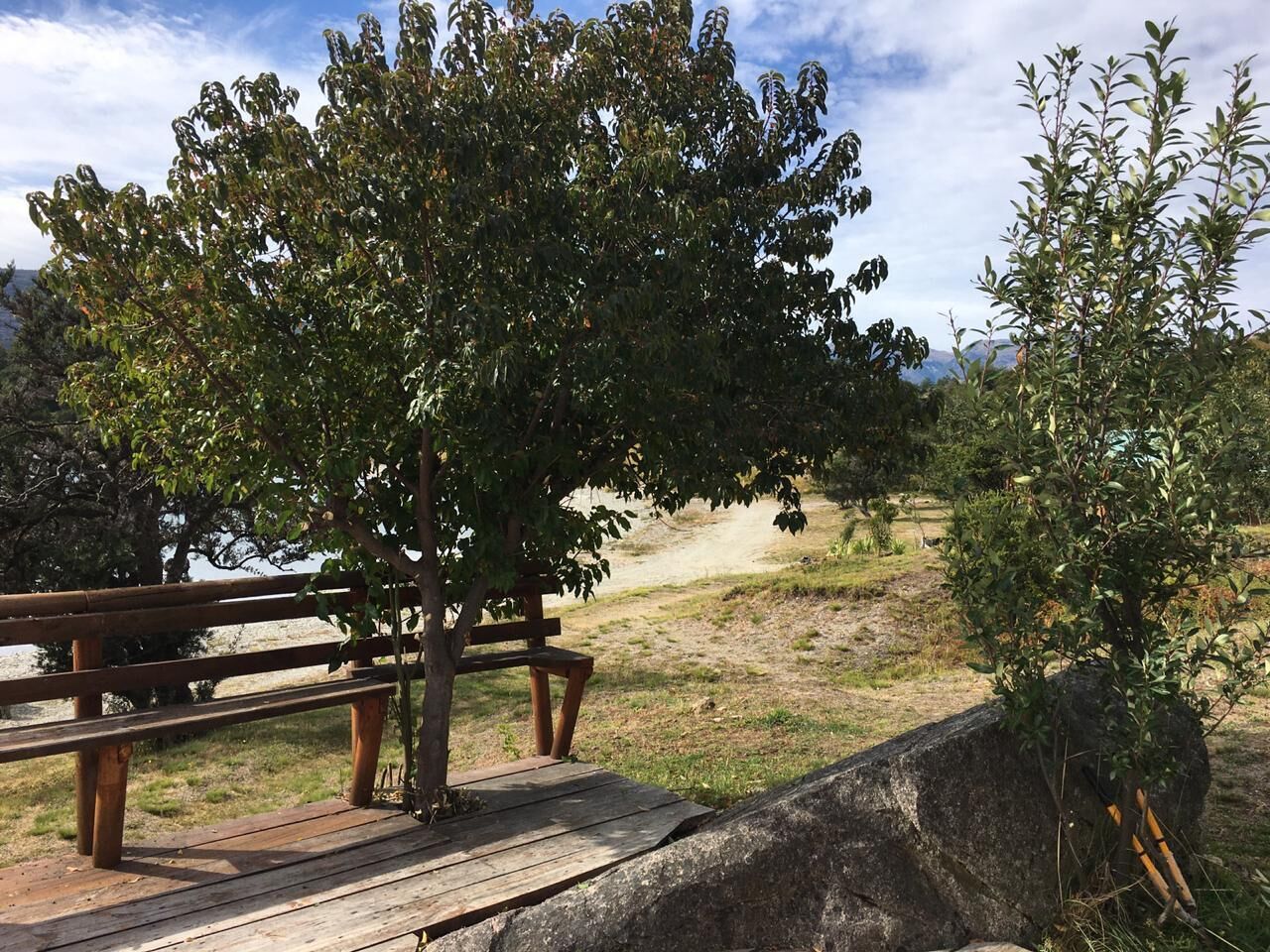 A wooden bench under a tree, a rocky outcrop, and a grassy area with a path.