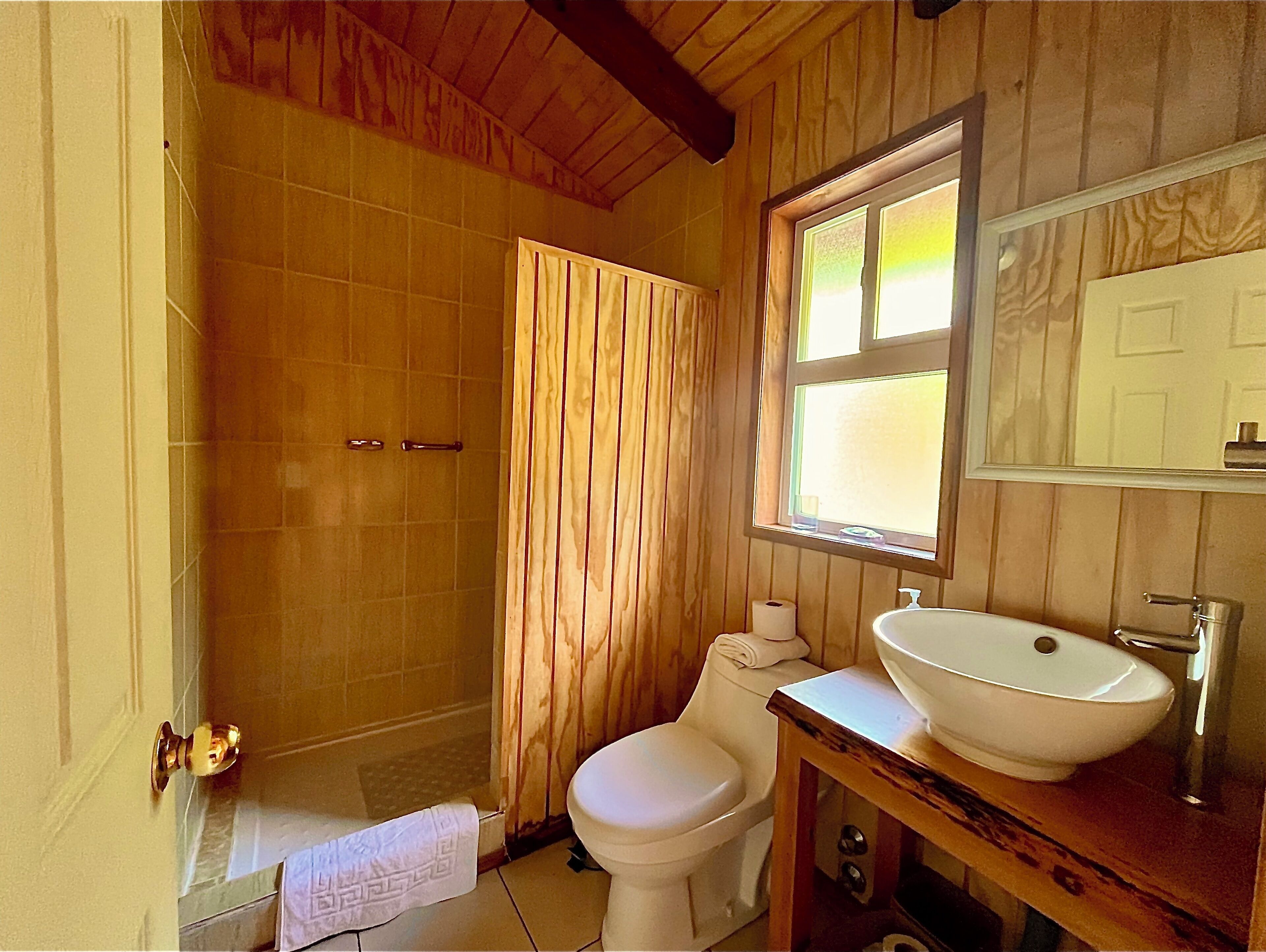 A bathroom with a wooden interior, a white toilet, a wooden vanity with a white sink, and a shower with a wooden door.