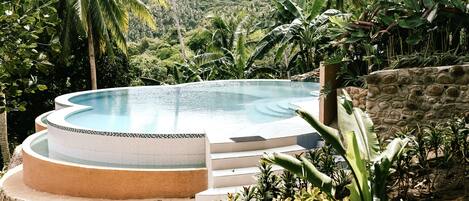 A circular infinity pool with a stone wall and steps, surrounded by tropical vegetation and palm trees.