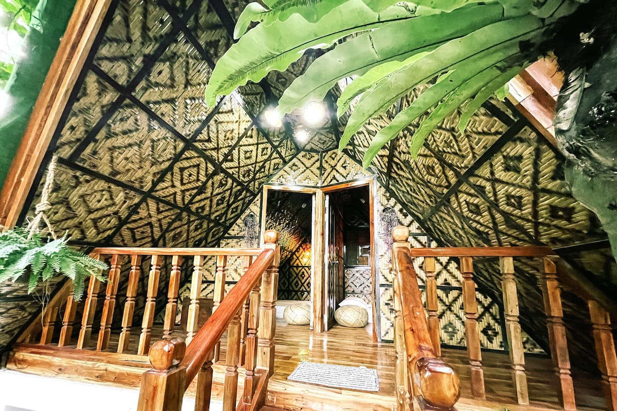 A wooden staircase leading to a room with a patterned ceiling and large green leaves overhead.