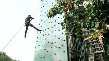 A person rappelling down a climbing wall with handholds.