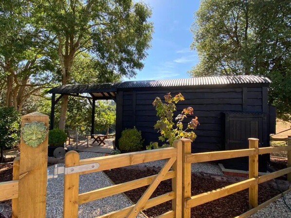 A rustic wooden cabin with a metal roof, surrounded by a gravel path and trees.