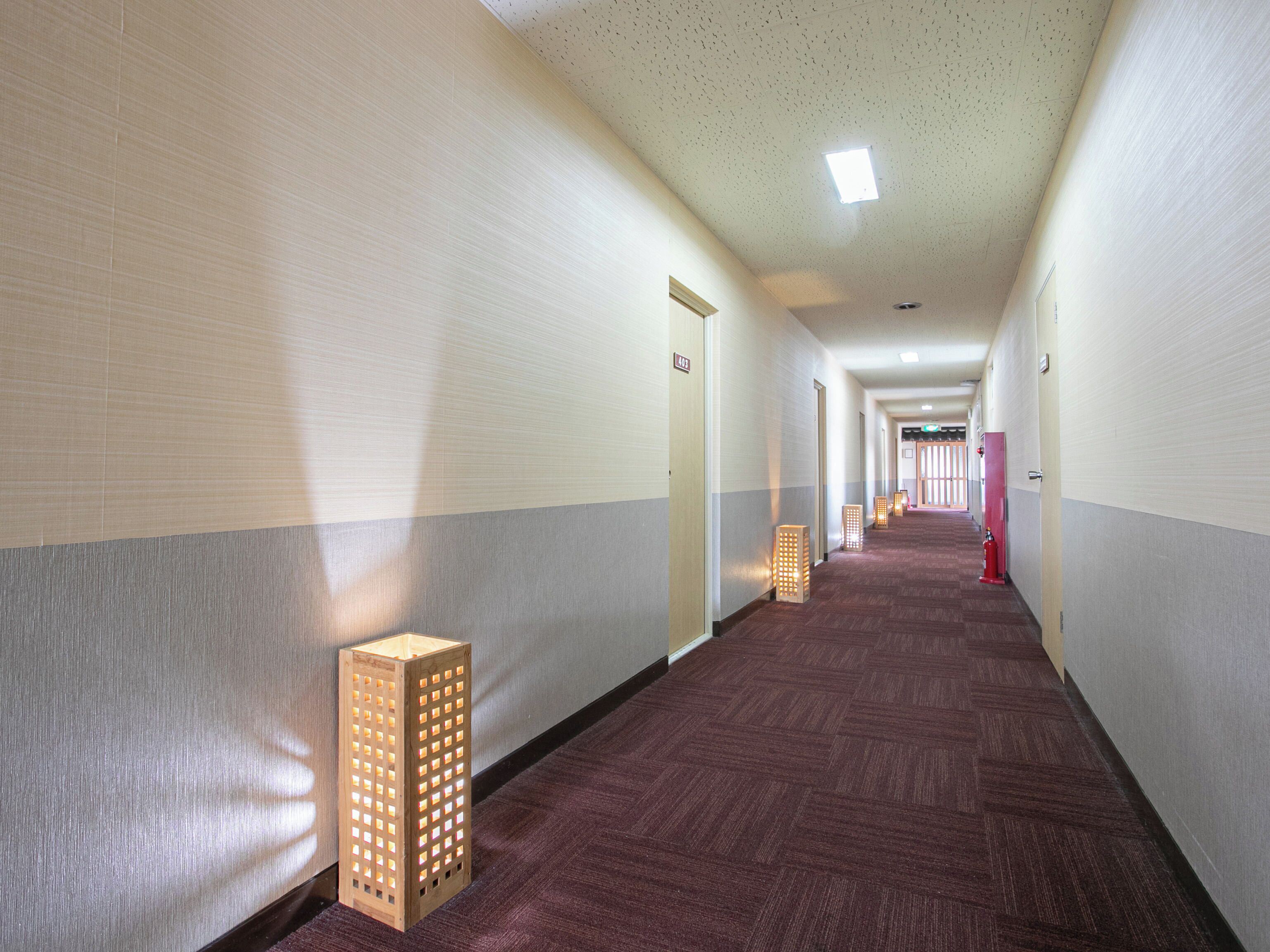 A long, narrow hallway with patterned carpet, light-colored walls, and a ceiling with a small window.