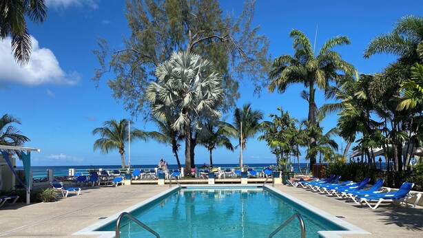 A pool area with lounge chairs and palm trees, overlooking the ocean.