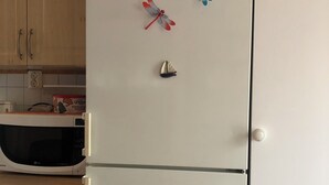 A white Bosch refrigerator in a kitchen with wooden cabinets and an LG microwave. - Cozy Cottage in Stockholms Archipelago (Stockholms län)