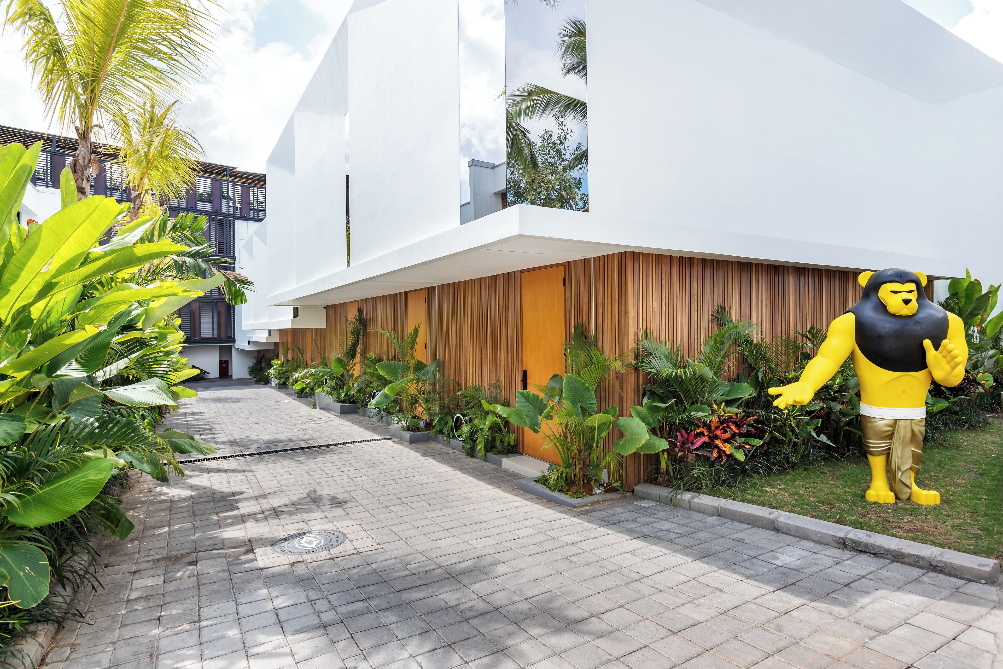 A modern building with a white facade, a wooden panel accent, and a pathway lined with tropical plants.
