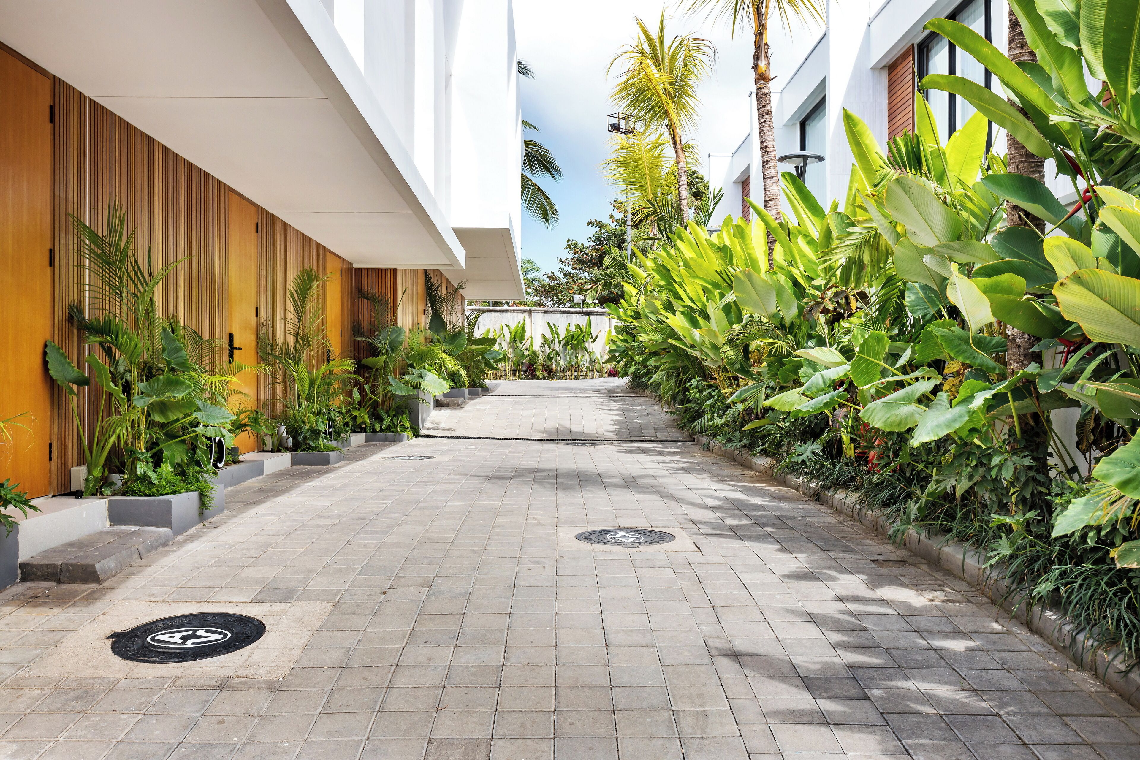 Un chemin pavé bordé d’une végétation luxuriante et de bâtiments modernes.