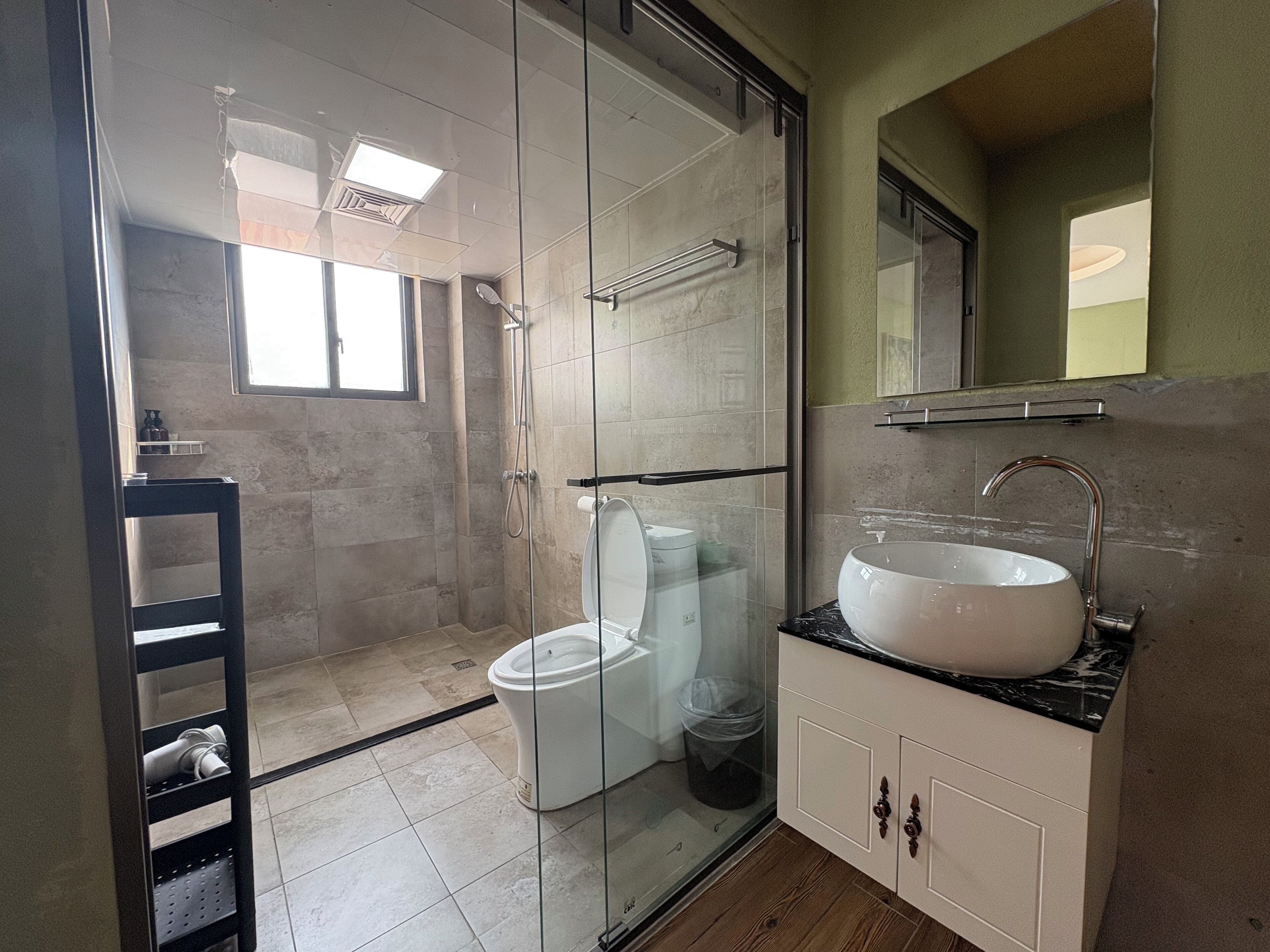 A modern bathroom with a glass-enclosed shower, a white toilet, a large sink, and a mirror above the sink.