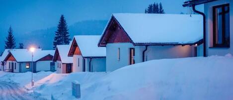 A row of snow-covered houses with a clear sky.