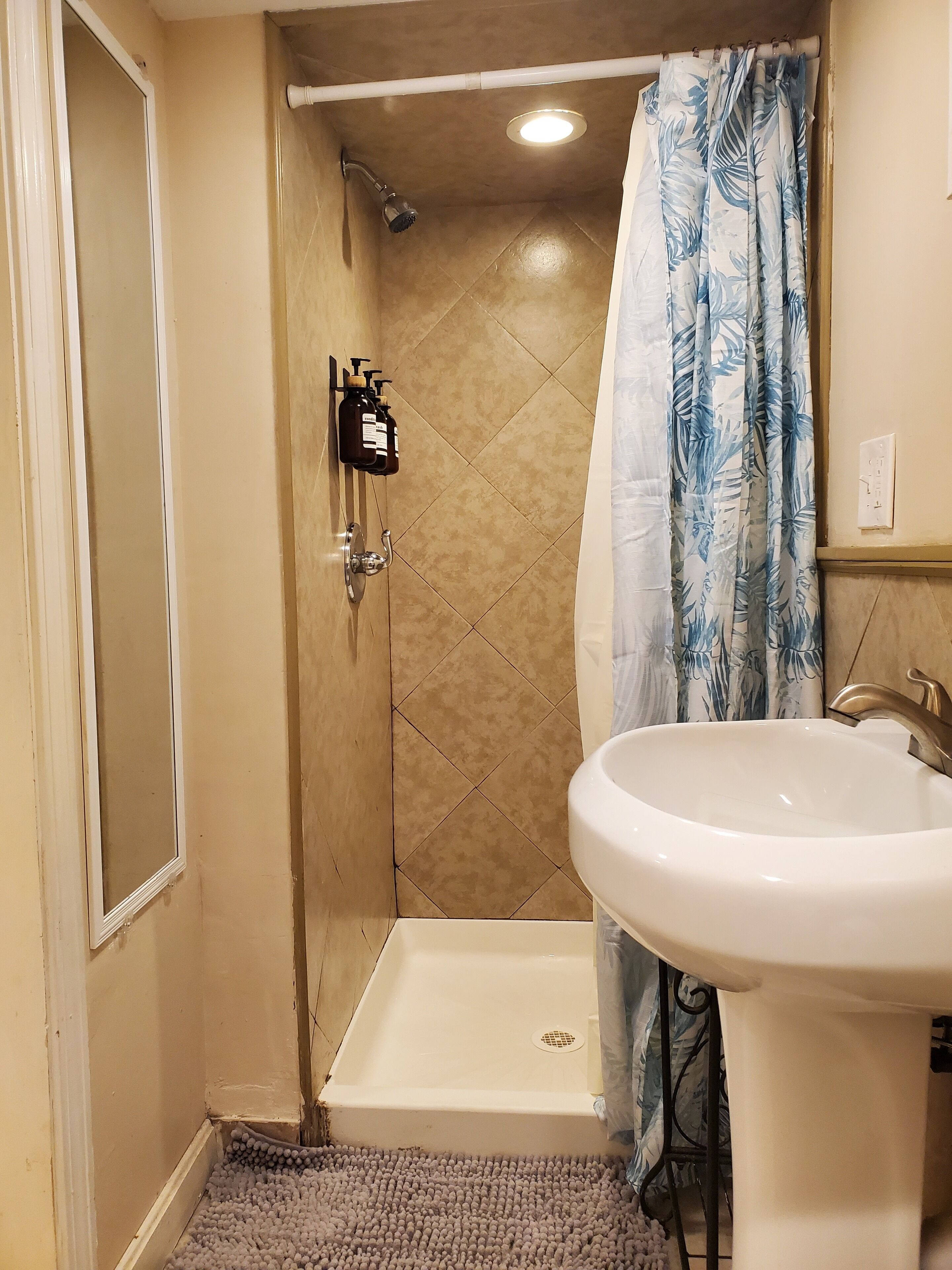 Hair dryer, towels, soap, shampoo