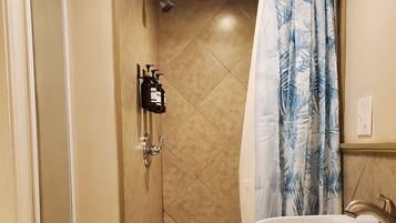 Hair dryer, towels, soap, shampoo