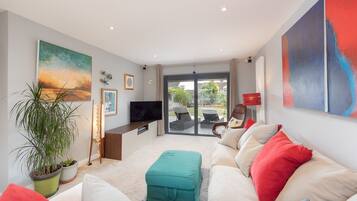 Télévision, cheminée, lecteur de DVD, chaîne hi-fi