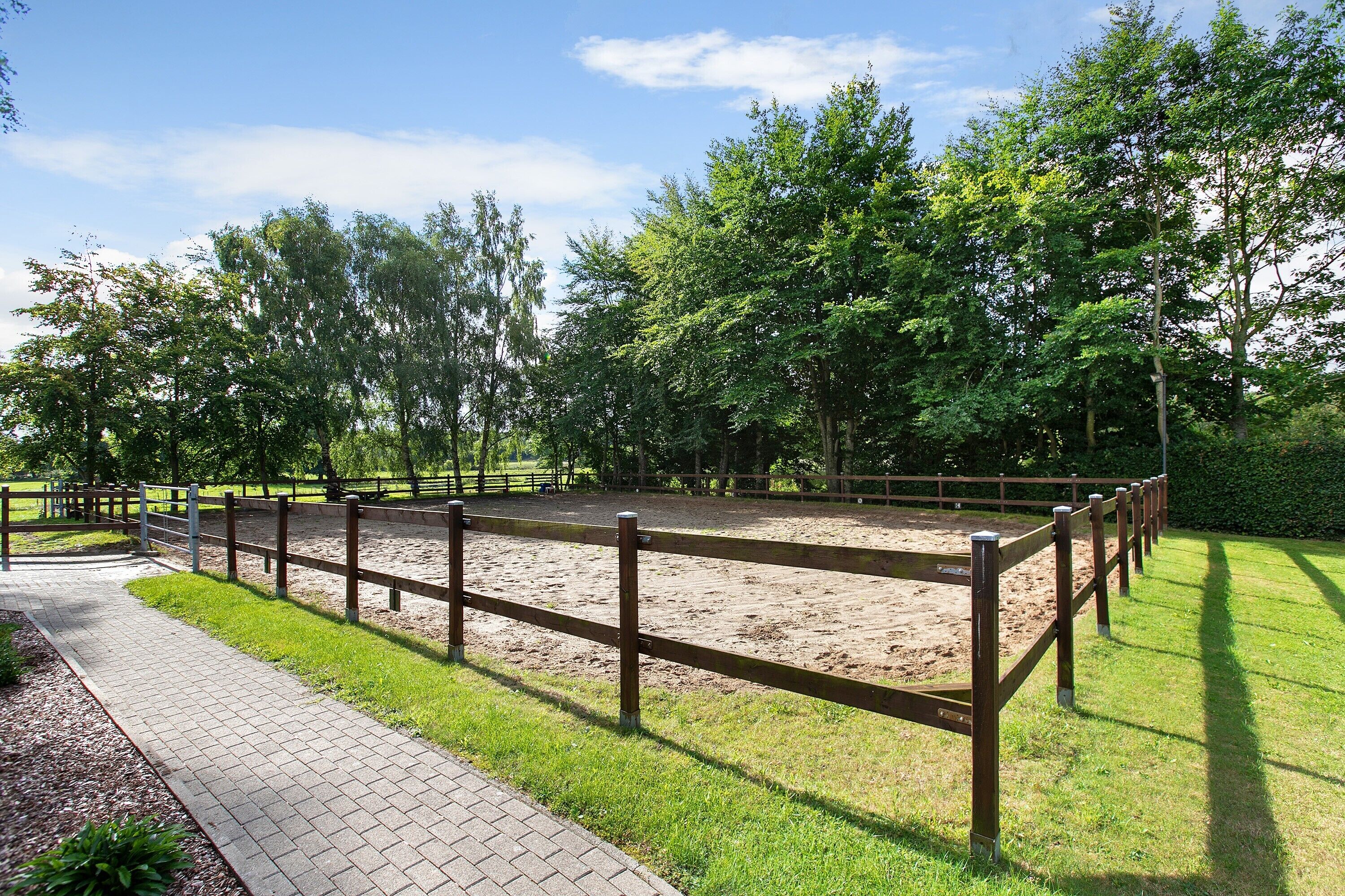 Un espace extérieur clôturé avec un chemin pavé.