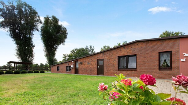 A brick building with a flat roof and a paved area in front. There are potted plants with pink flowers. - Apartment 'Ferienwohnung Sawade' with Private Terrace, Shared Garden and Wi-Fi (Schafstedt)