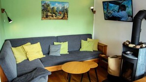A living room with a grey sofa, wooden coffee table, a painting, a television, and a wood-burning stove. - Apartment 'Am Quellental' with Private Terrace, Private Garden and Wi-Fi (Meinerzhagen)