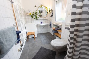 Douche, séchoir à cheveux, serviettes fournies