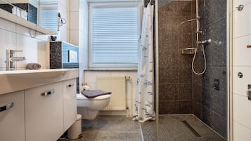 Shower, hair dryer, towels