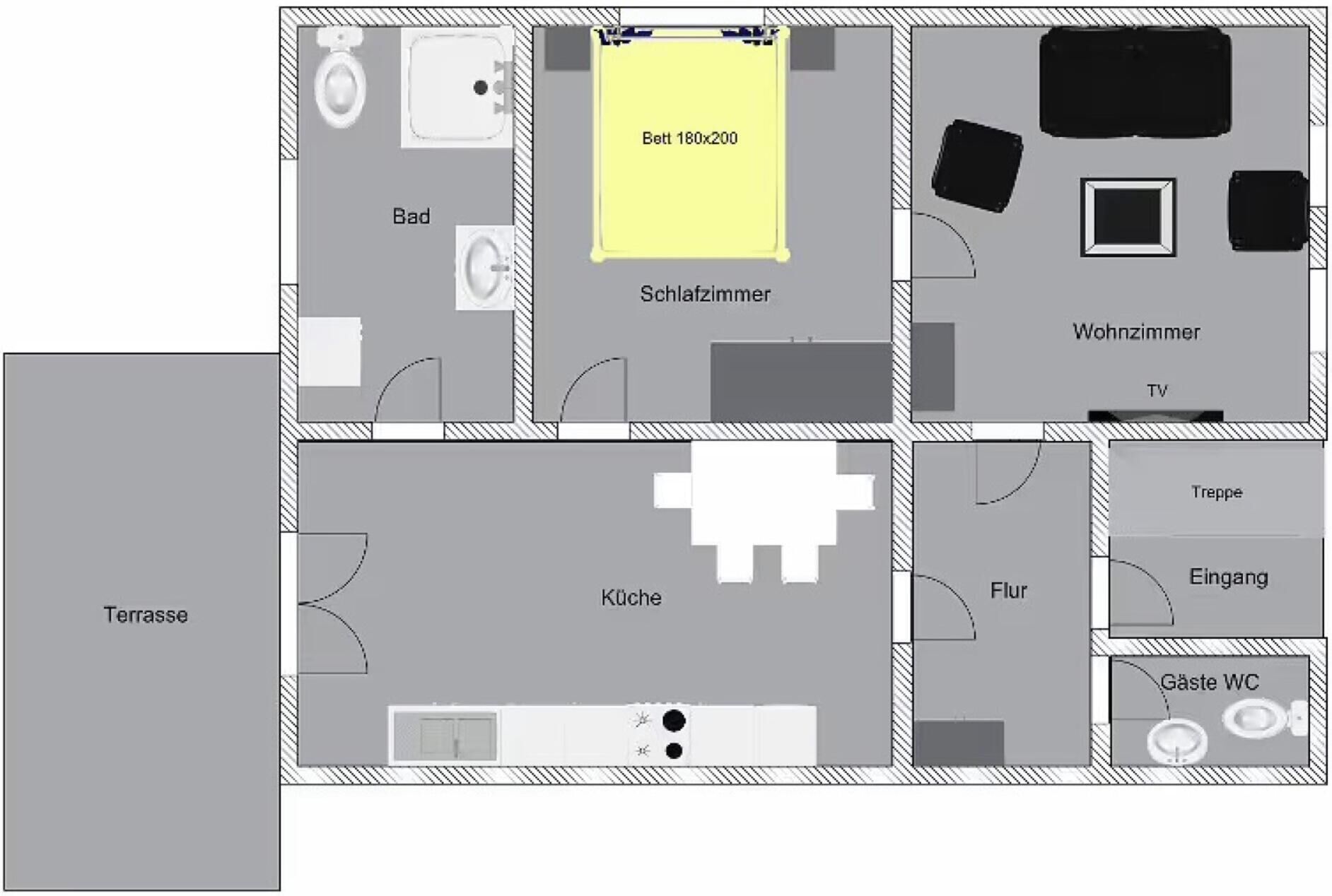 Distribución de un hotel que incluye dormitorio, baño, cocina, terraza y aseo.