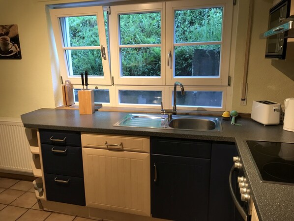 Fridge, microwave, oven, stovetop