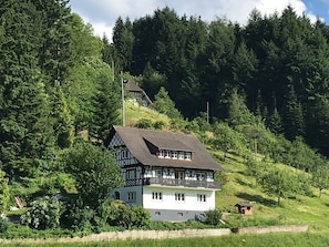 A two-story house with a steeply pitched roof, surrounded by dense forest.