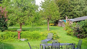 A garden with a table and chairs, surrounded by greenery and trees.