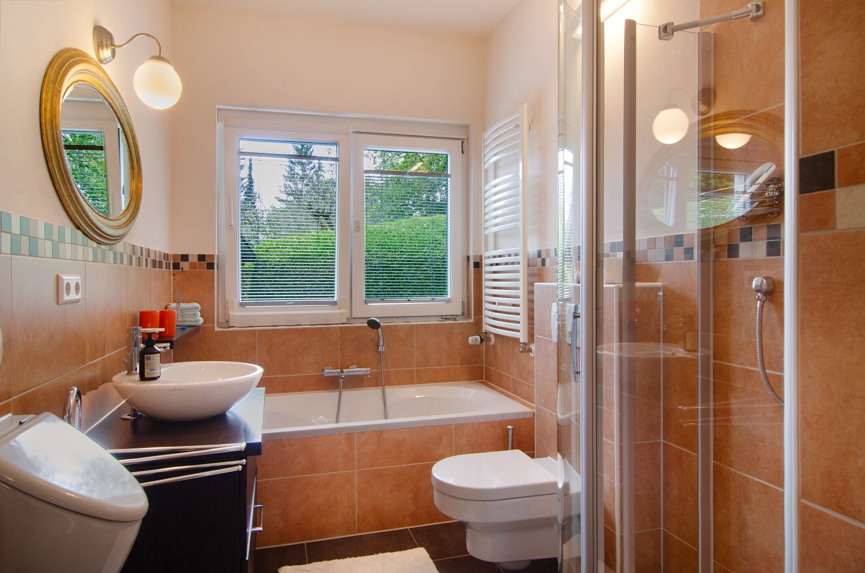 Shower, free toiletries, hair dryer, towels