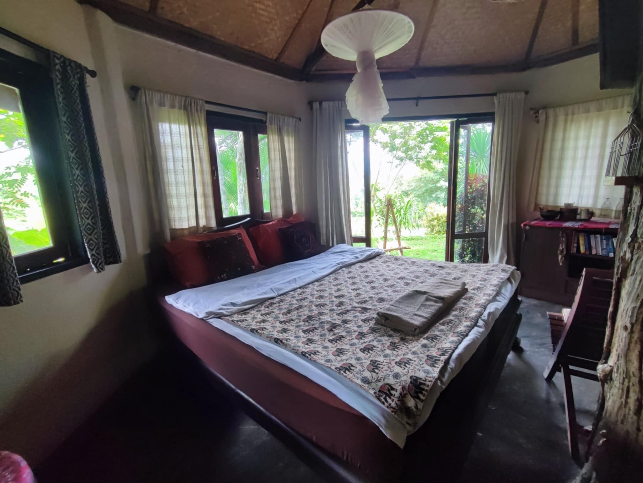 A bedroom with a large bed, two windows, a ceiling fan, and a view of greenery outside.