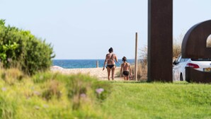 A pathway leading to a beach with a car parked nearby.