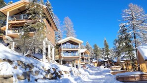 Ein schneebedecktes Berghotel mit mehreren Ebenen und großen Fenstern, umgeben von mit Schnee beladenen Bäumen.
