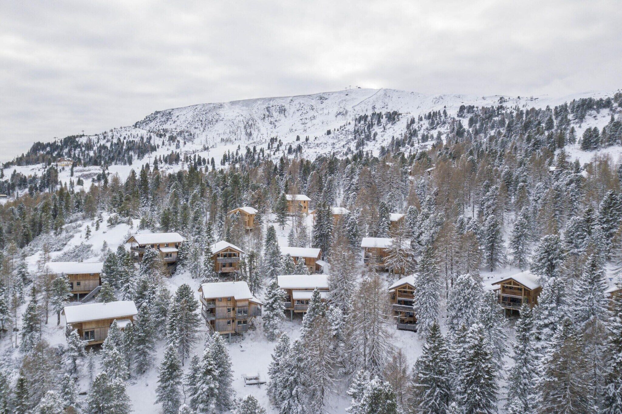 Ein schneebedeckter Berg mit Holzhütten, umgeben von Bäumen.