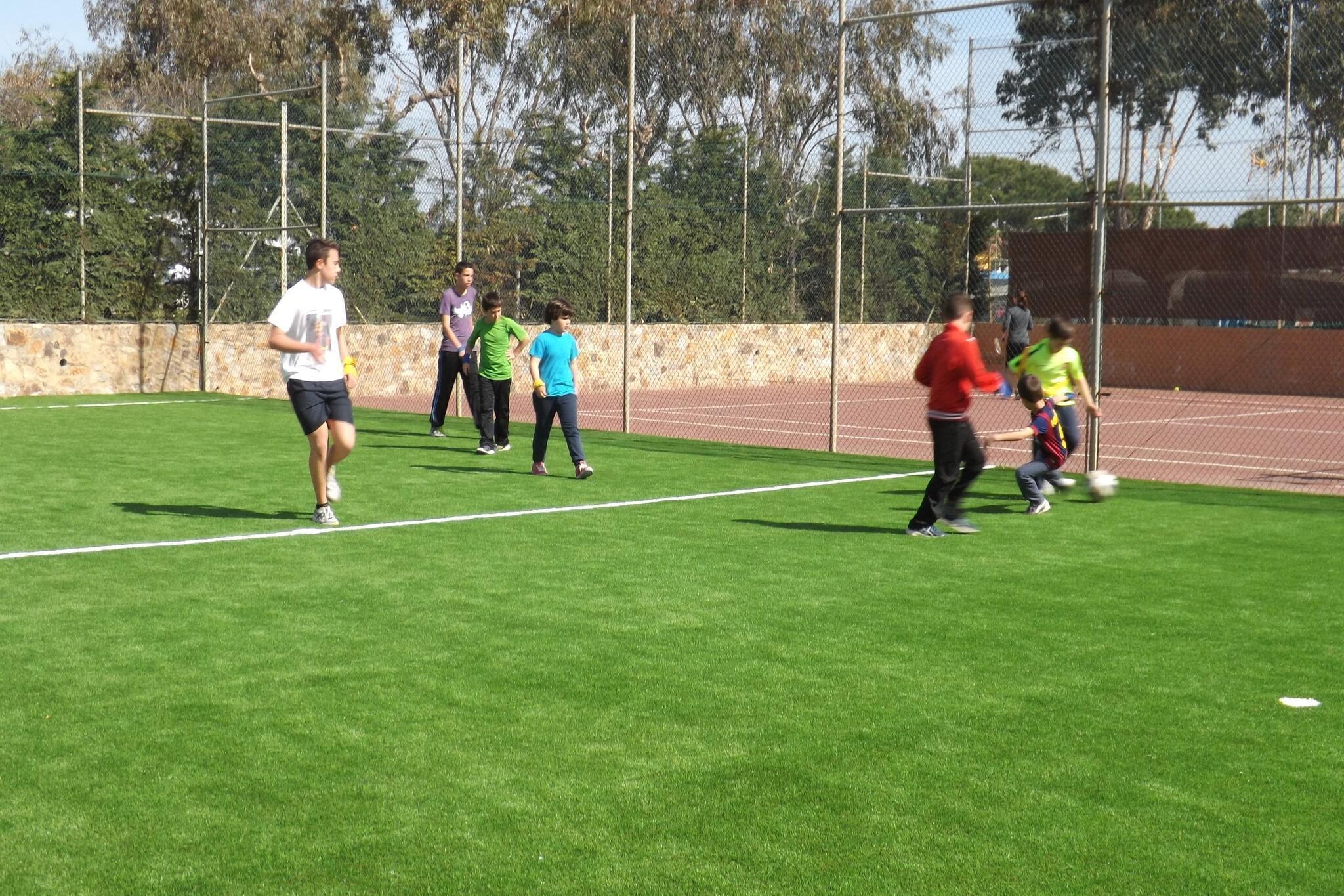 Eine Gruppe von Menschen spielt Fußball auf einem grünen Feld mit einem Zaun und Bäumen im Hintergrund.