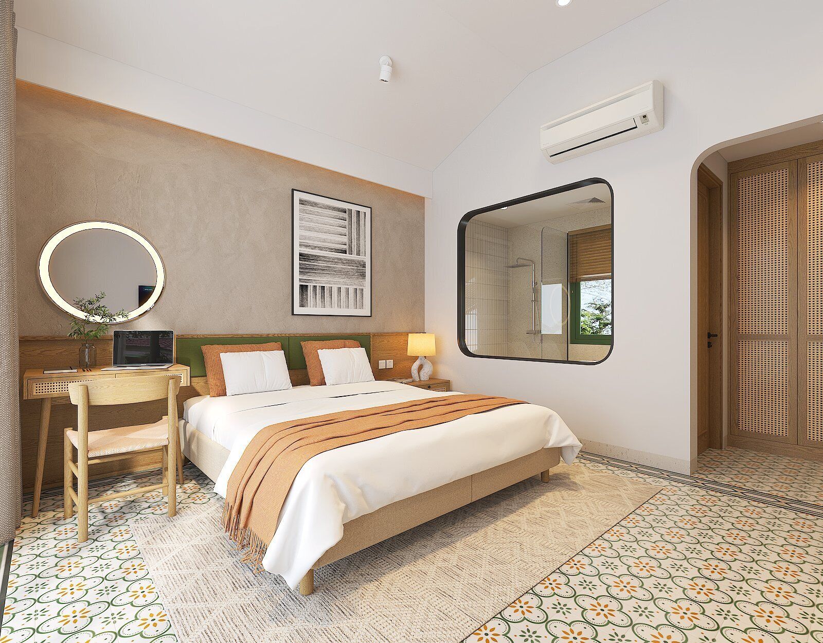 Habitación de hotel con cama, escritorio con laptop, espejo y zona de ducha.