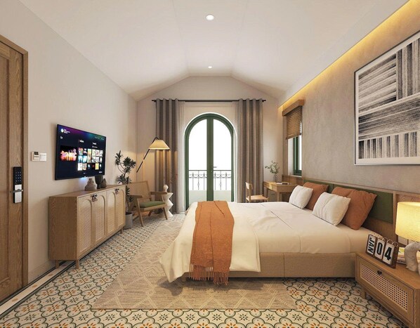 Habitación de hotel moderna con una cama grande, un televisor de pantalla plana en la pared, un escritorio con una silla, una mesita de noche con una lámpara y un balcón con vistas.