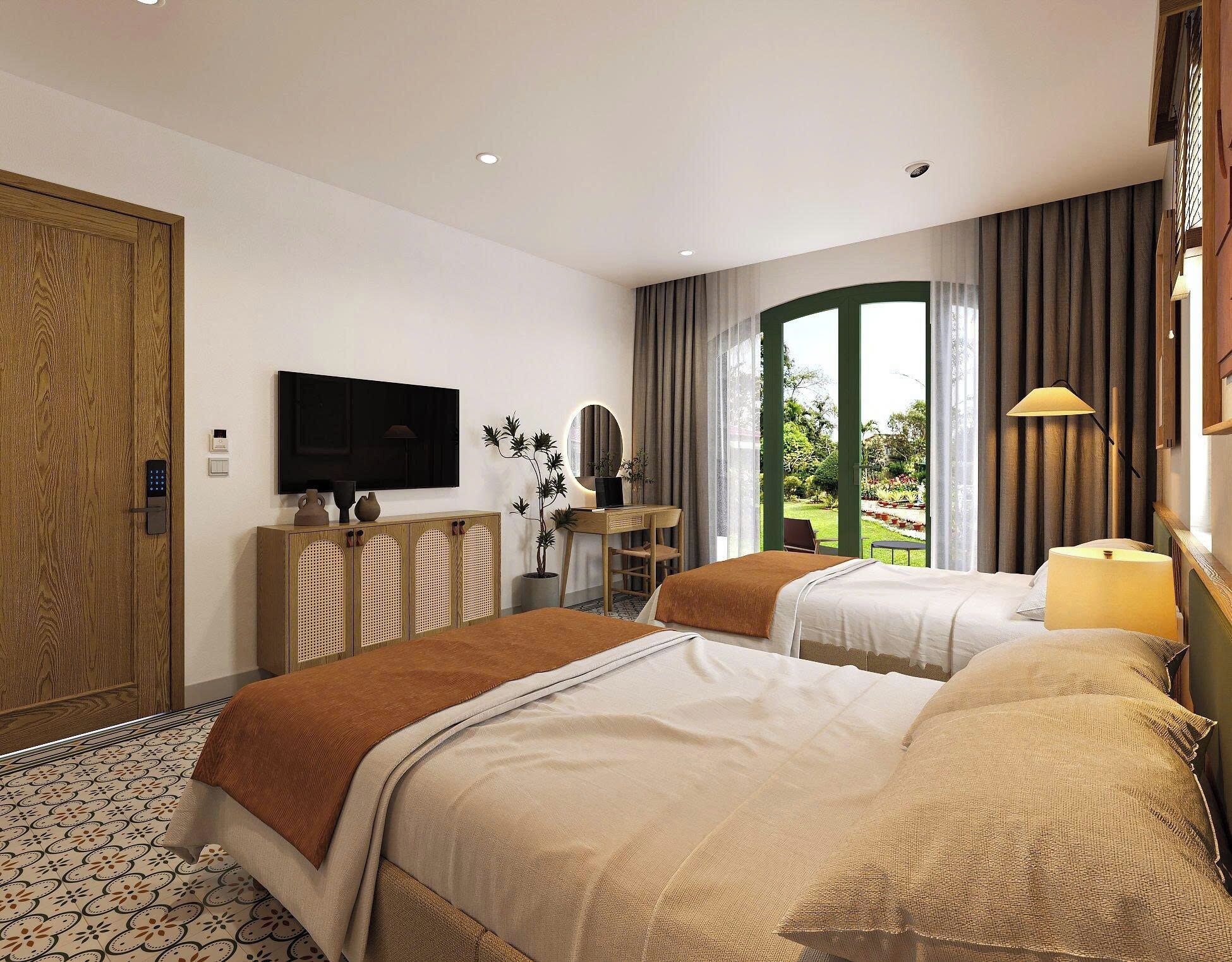 A hotel room with two beds, a television, a desk with a chair, a window with curtains, and a view of the outdoors.