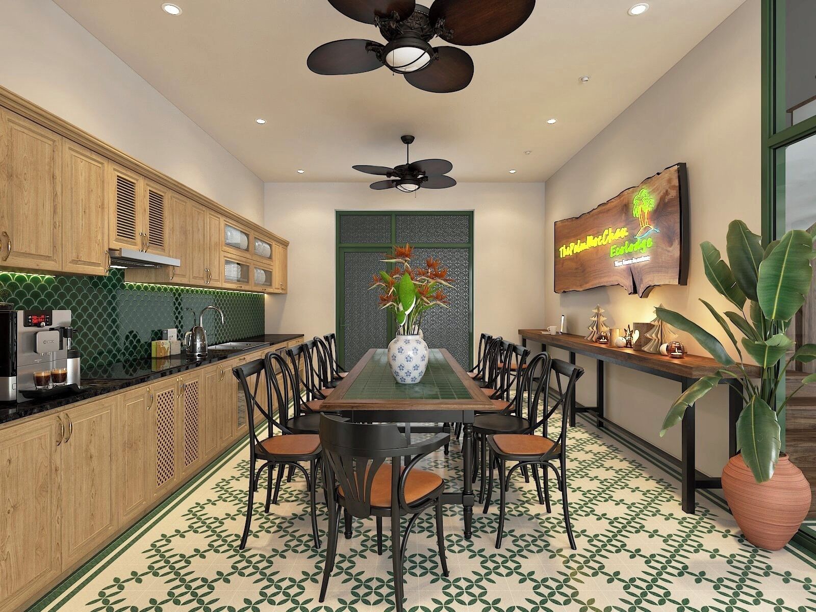 Una cocina moderna con armarios de madera, una cafetera integrada y un comedor con una mesa grande y sillas.