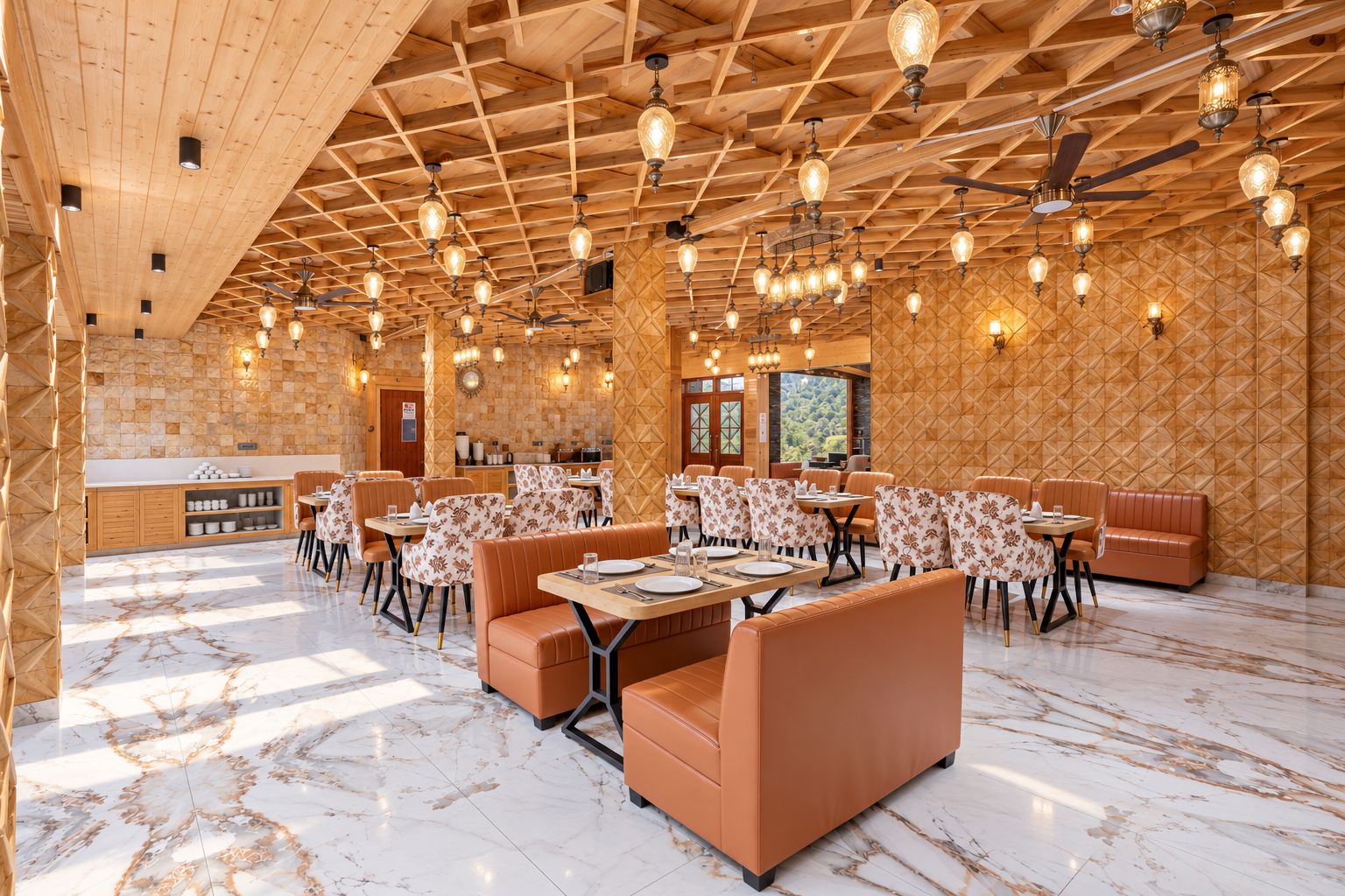 A spacious indoor dining area with wooden ceiling beams, marble flooring, and multiple seating arrangements including tables and booths.