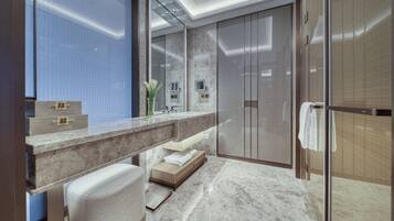 Hair dryer, bathrobes, slippers, towels