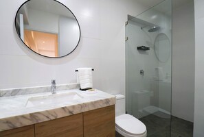 Shower, hair dryer, towels