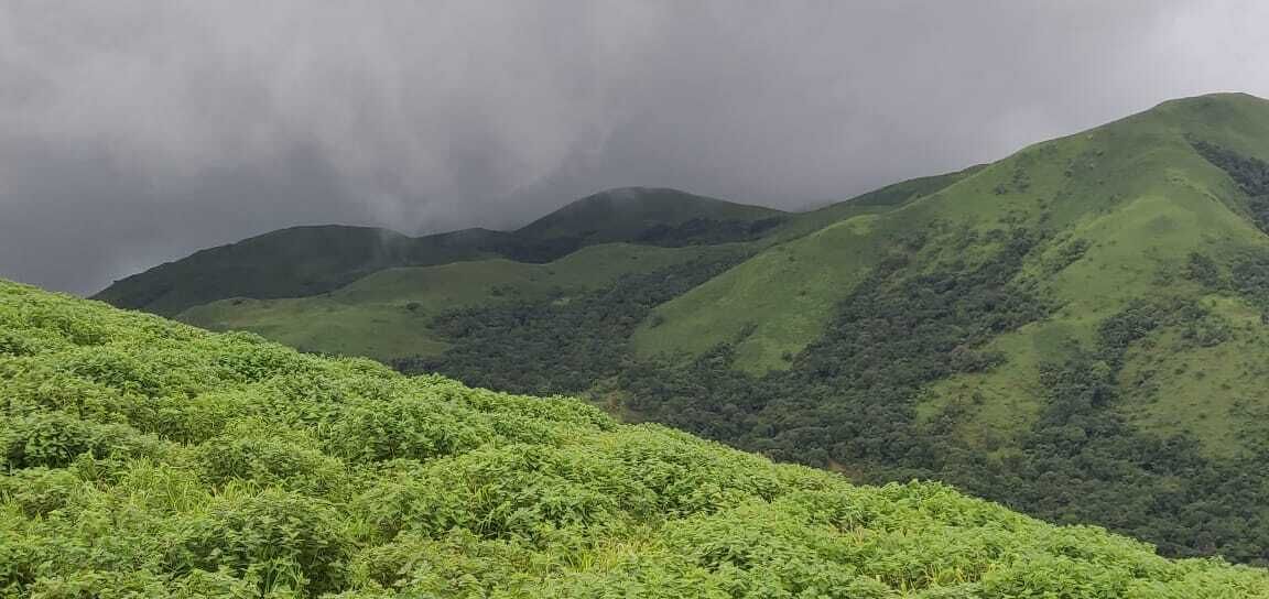 Un paysage montagneux, avec une végétation luxuriante et un ciel nuageux.