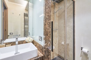 Shower, hair dryer, bidet, towels