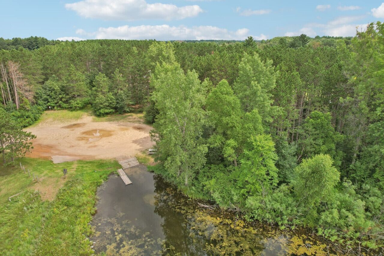 A forested area with a dirt path leading to a small dock over a body of water.