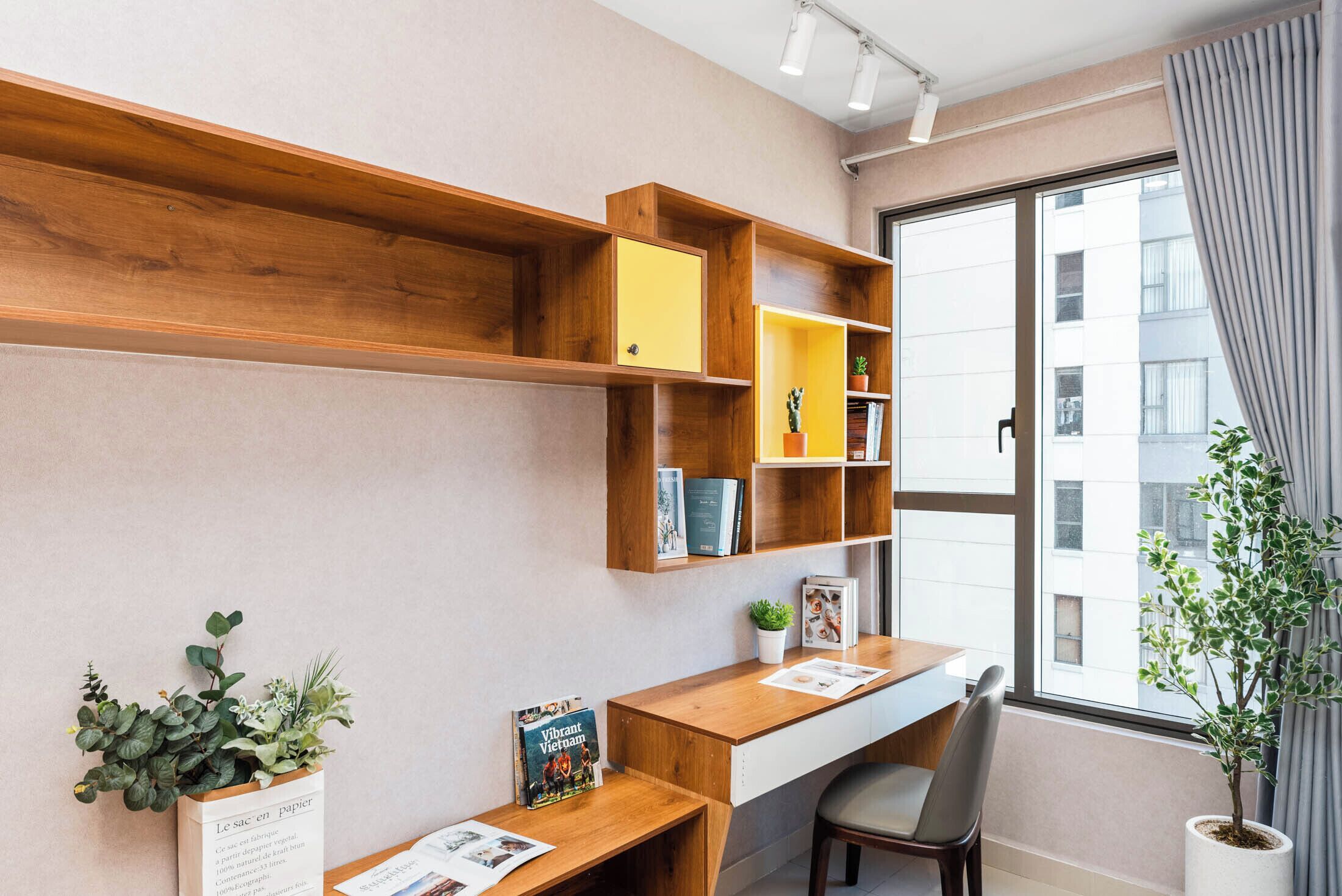 A modern office space with a wooden desk, shelves, and a potted plant.